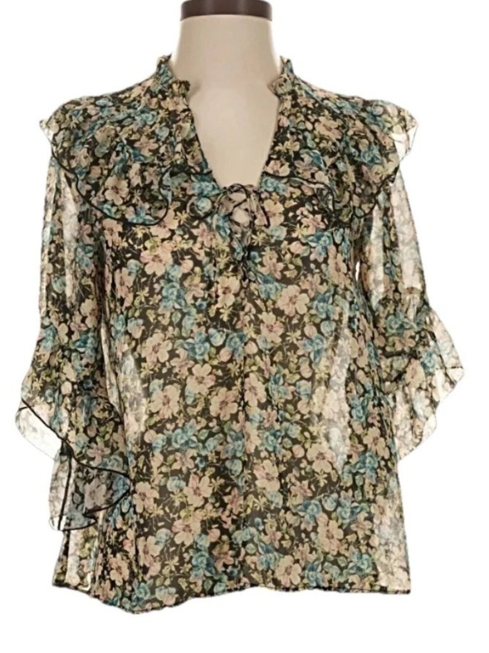 ZARA Multicolor Floral Chiffon Ruffled 3/4 Length Sleeve Blouse Sz S